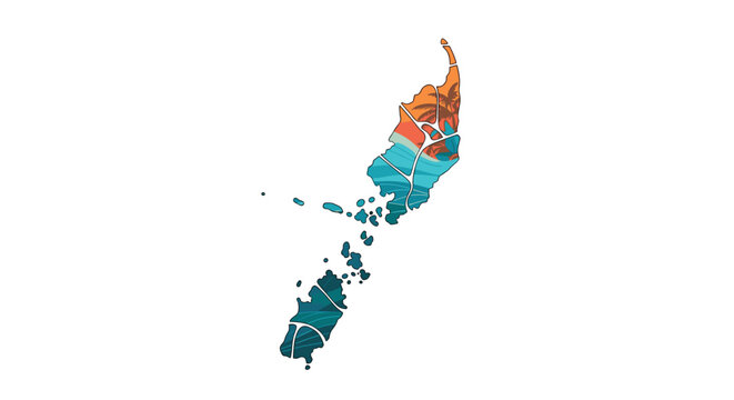 Stylized map of Palau showcasing its tropical beauty with fragmented sections depicting palm trees, ocean waves, and marine environments.