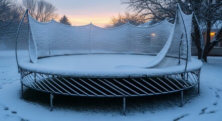 Snow Covered Trampoline in Winter Landscape at Sunrise with Footprints