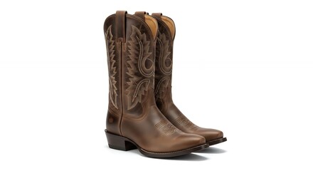 Elegant Brown Leather Cowboy Boots with Intricate Stitching on White Background