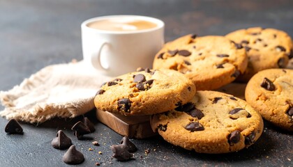 A close-up shot of freshly baked chocolate chip cookies beside a white cup of coffee on a dark tabletop
