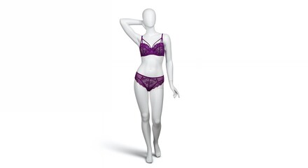 Purple Lace Lingerie Set on Mannequin Isolated on White Background