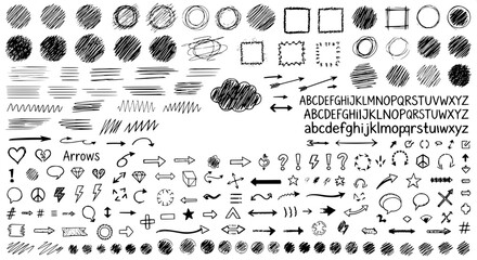 Collection of Hand-Drawn Elements for Design and Creative Projects Including Circle, Arrow, and Symbol Shapes