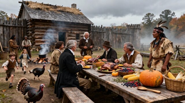 Historical reenactment of the first Thanksgiving: Pilgrims and Native Americans gather for an autumn feast at colonial settlement. Authentic costumes, traditional food, outdoor celebration