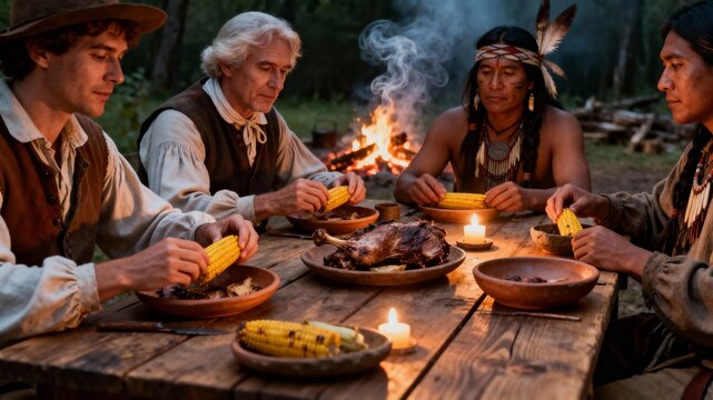 Historical reenactment of the first Thanksgiving: Pilgrims and Native Americans gather for an autumn feast at colonial settlement. Authentic costumes, traditional food, outdoor celebration