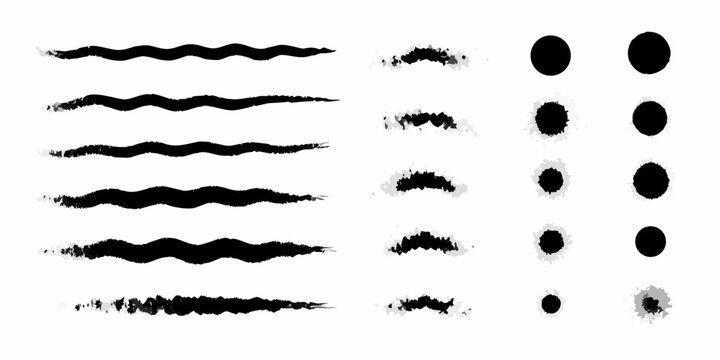 Collection of abstract black and white brush stroke elements and circles on a white background