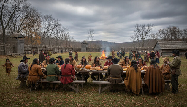 Historical reenactment of the first Thanksgiving: Pilgrims and Native Americans gather for an autumn feast at colonial settlement. Authentic costumes, traditional food, outdoor celebration