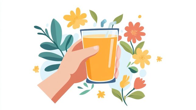 51.An abstract vector of a manâ€™s hand lifting a glass of fresh juice, surrounded by vibrant spring flowers that add a lively touch to the image. The colors are bright and cheerful, evoking a beach