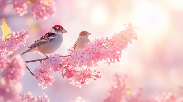 39.Sparrows perched on a tree branch near a blooming lilac bush, with the soft pink flowers in full bloom around them. The scene captures the beauty of spring, with the birds calmly observing their