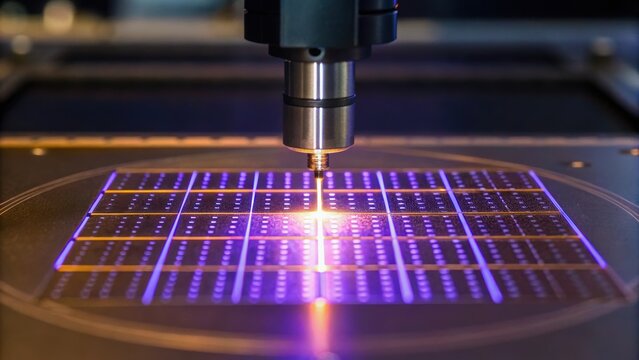 Advanced technology microscope analyzing a semiconductor wafer with visible patterns and bright illumination.