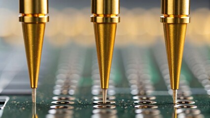 Close-up of golden nozzles dispensing liquid onto a green circuit board, showcasing precision technology in electronics manufacturing.