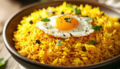 A delicious and colorful dish of yellow rice topped with a perfectly fried egg and fresh green herbs.