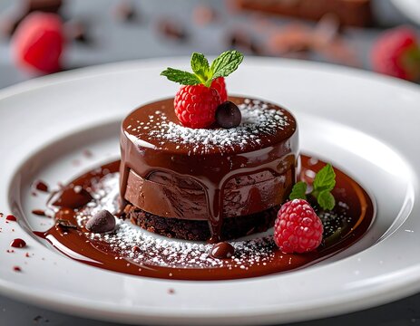 A decadent layered chocolate dessert with drizzles of dark chocolate sauce, raspberries, and a sprig of mint
