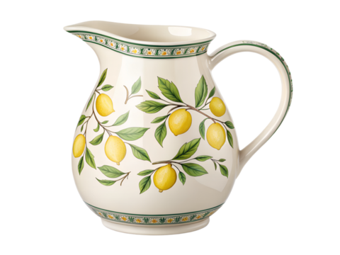 Ceramic pitcher with lemon design isolated on transparent background, for serving drinks