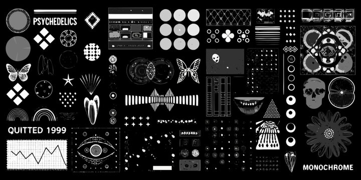 Monochrome collage of psychedelic symbols and abstract graphics with a vintage aesthetic