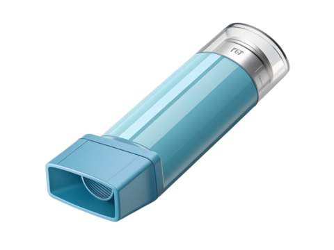 Blue asthma inhaler isolated on transparent background for respiratory problems