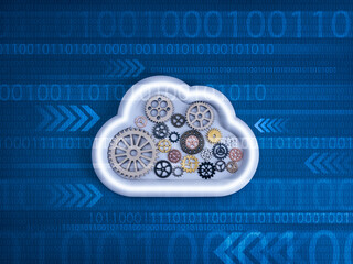 white cloud shape filled with gears on binary code background symbolizes cloud system management, digital infrastructure, automation, data processing, and modern IT operations in cloud computing.