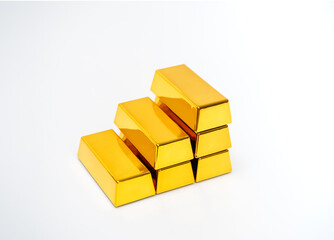 Gold bars stacked as graph steps on white background symbolize rising gold prices, investment growth, and market trends. Finance, wealth, precious metals, and global gold market forecast concept.