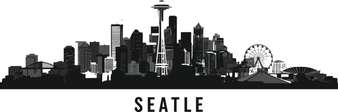 Seattle city skyline silhouette illustration, modern urban landscape vector design, famous landmark panorama with Space Needle, ferris wheel, skyscrapers, tourism artwork