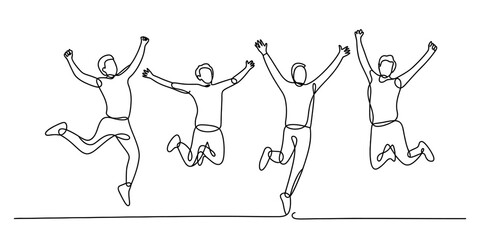 Continuous line drawing of four happy jumping people celebrating success, teamwork, and achievement with arms raised in joy.