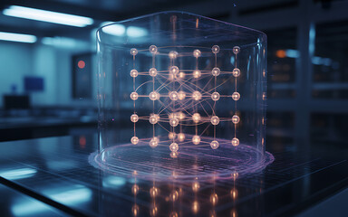 Quantum computing concept a network of glowing nodes connected by lines displayed under a transparent dome in a laboratory setting