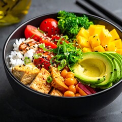 A close-up shot of a dark bowl filled with a colorful array of fresh, healthy ingredients. Contains tofu, rice, and several vibrant fruits & vegetables