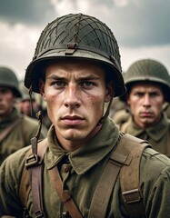 A close-up shot of a determined soldier in a military helmet and uniform, surrounded by other soldiers