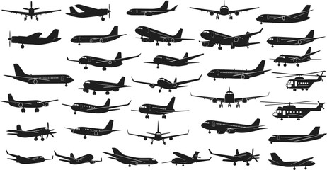 Aircraft silhouettes, airplane icons, aviation design, jet shapes, helicopter graphics, military planes, commercial aircraft, propeller planes, flight symbols, black silhouettes, aviation collection