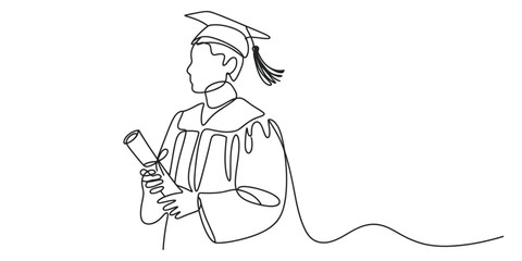 A continuous line drawing of a graduating student proudly holding a diploma, wearing a cap and gown, representing academic achievement and success.