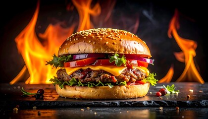 A close-up shot of a juicy burger with fresh ingredients, stacked high on a sesame seed bun, against a fiery backdrop