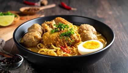 A close-up shot of a savory bowl filled with noodles, meat, egg, and garnished. Ingredients arranged on dark wood