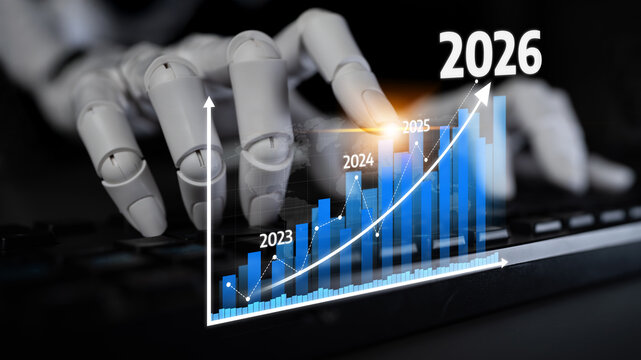 A futuristic robotic hand interacts with digital graphs and charts displaying growth projections from 2023 to 2026, emphasizing technology and finance trends. Tessel - Powered by Adobe