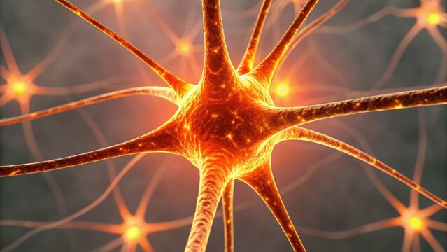 3D illustration of a neuron with glowing connections and intricate structures, representing neural networks and brain activity.