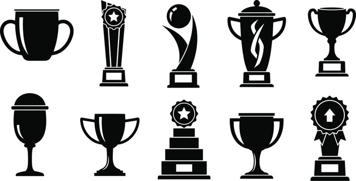 Award icons, trophy symbols, black and white, vector set, achievement graphics, recognition elements, minimal design, sports, success, honor, prize, contest, champion, monochrome, flat style