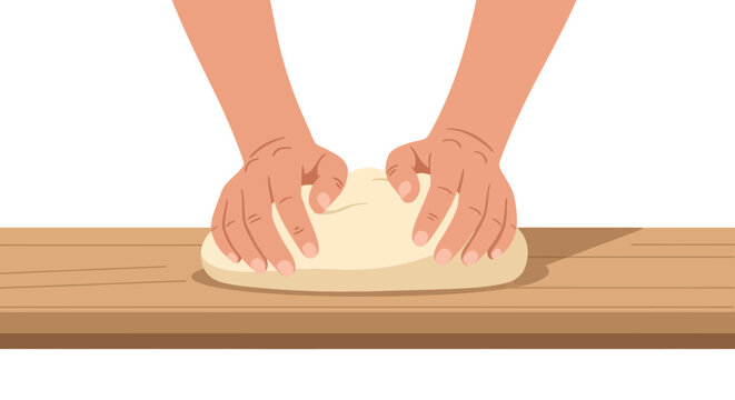 Hands kneading dough on a wooden surface, preparing for baking, creating homemade bread, a culinary activity, and food preparation