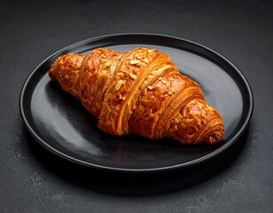 A close-up shot of a single, freshly baked, golden-brown croissant, topped with flakes, resting on a dark plate