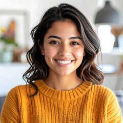 A close-up shot of a smiling woman with wavy brown hair, wearing a mustard-colored sweater. She's looking at the camera