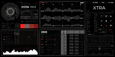 Futuristic digital interface displaying system updates data charts error messages and complex controls
