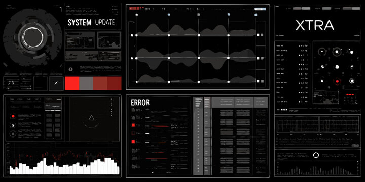 Futuristic digital interface displaying system updates data charts error messages and complex controls