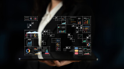 A big data visualization and business analytics dashboard grid. A complex collection of charts and graphs for comprehensive company reporting. Motif