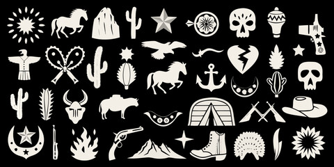 Collection of western and native american inspired icons and symbols on a black background