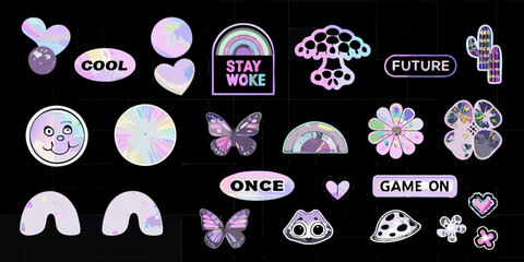 Collection of holographic iridescent stickers featuring cute characters text and abstract shapes on a black background