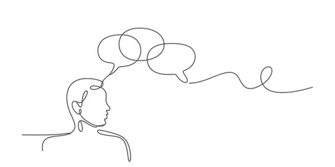 Continuous line drawing of a human head with multiple speech bubbles symbolizing communication, thought process, dialogue, and idea generation.