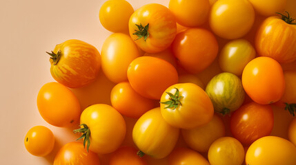 Freshly harvested yellow tomatoes on a light background