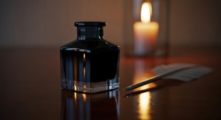 Elegant Inkwell, Quill, and Candle: Evoking Writing, History, and Warmth.