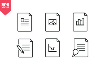 Set of line icons related to data sheet, image document, bar chart report, writing, trend data, review file.  Editable stroke. Vector illustration