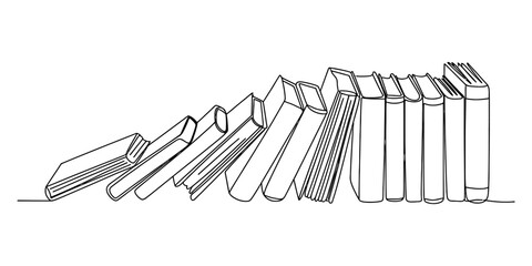 A continuous line drawing depicting a row of books experiencing a domino effect, symbolizing education, knowledge, and literacy progression.