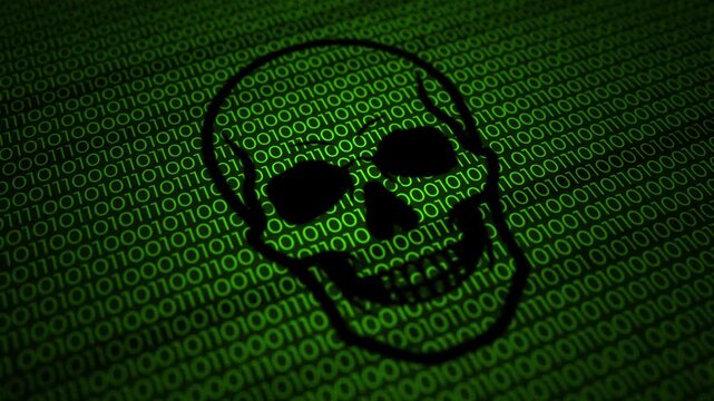 Binary code design in green that moves intertwined with a skull icon with blur and camera movement. - Powered by Adobe
