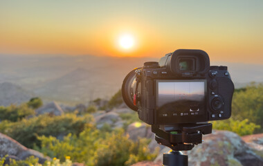 Camera on Tripod Capturing Sunset in Lawton, Oklahoma