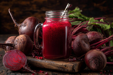 Fresh beet juice in a jar with beets on wooden table