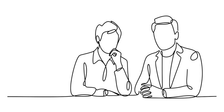 Continuous line art drawing of two professional male business colleagues sitting at a table, engaged in a discussion or collaboration, minimalist vector style.